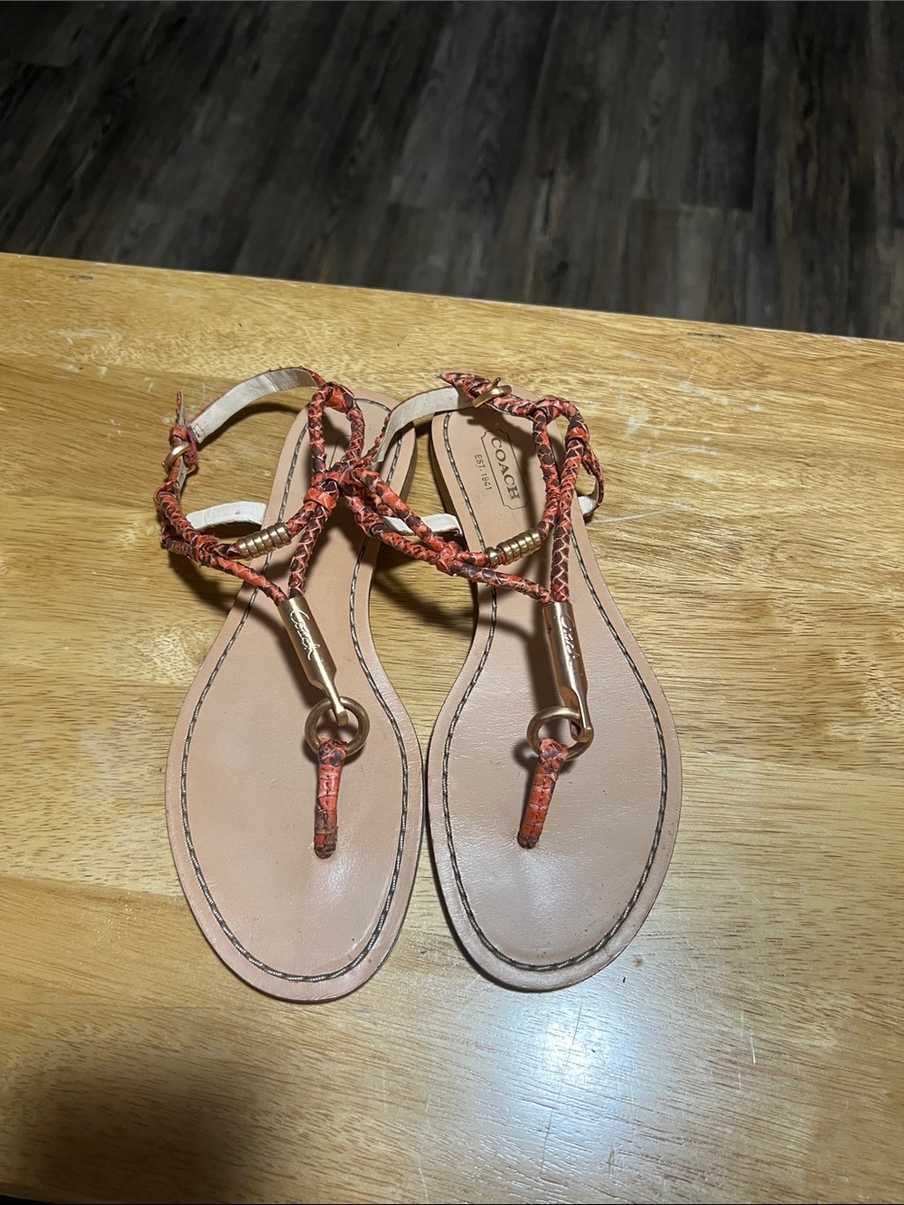 Coach Coral Braided T-Strap Sandals with Gold Accents